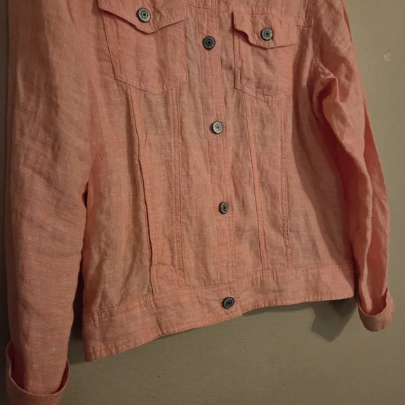 JONES & CO. Coral Peach 100% Linen Button Front Lagenlook Beachy Shacket Size L - Picture 4 of 12